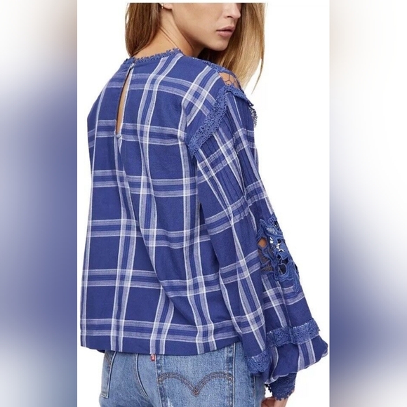 EUC Free People Darling Diana plaid lace boho top small - Picture 3 of 5